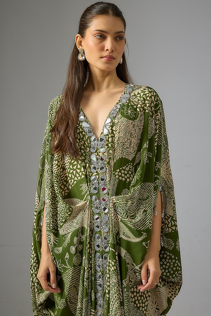 Sage Green Crepe Abstract Jaal Printed Kaftan by DiyaRajvvir at Pernia's Pop Up Shop
