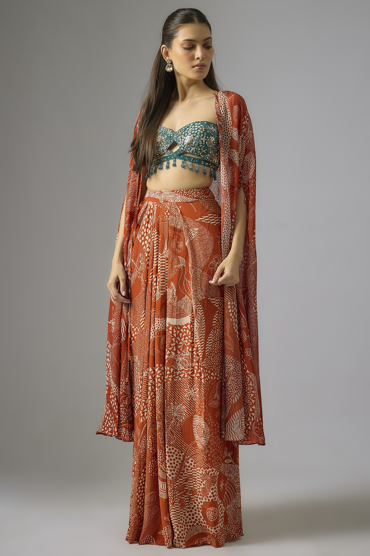 Rust Crepe Abstract Jaal Printed Cape Set by DiyaRajvvir at Pernia's Pop Up Shop