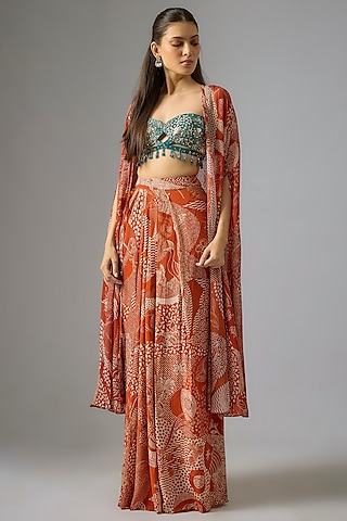 Rust Crepe Abstract Jaal Printed Cape Set by DiyaRajvvir