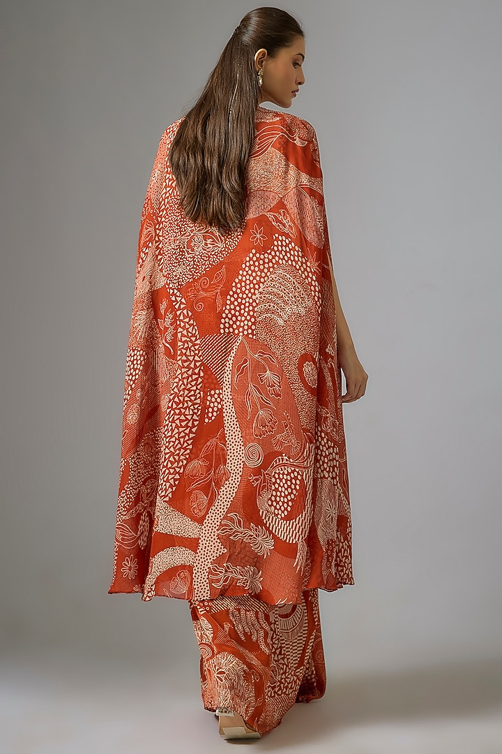 Rust Crepe Abstract Jaal Printed Cape Set by DiyaRajvvir at Pernia's Pop Up Shop