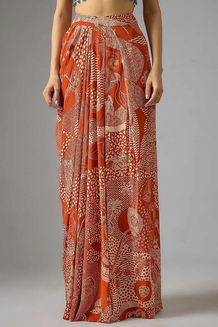 Rust Crepe Abstract Jaal Printed Cape Set by DiyaRajvvir at Pernia's Pop Up Shop