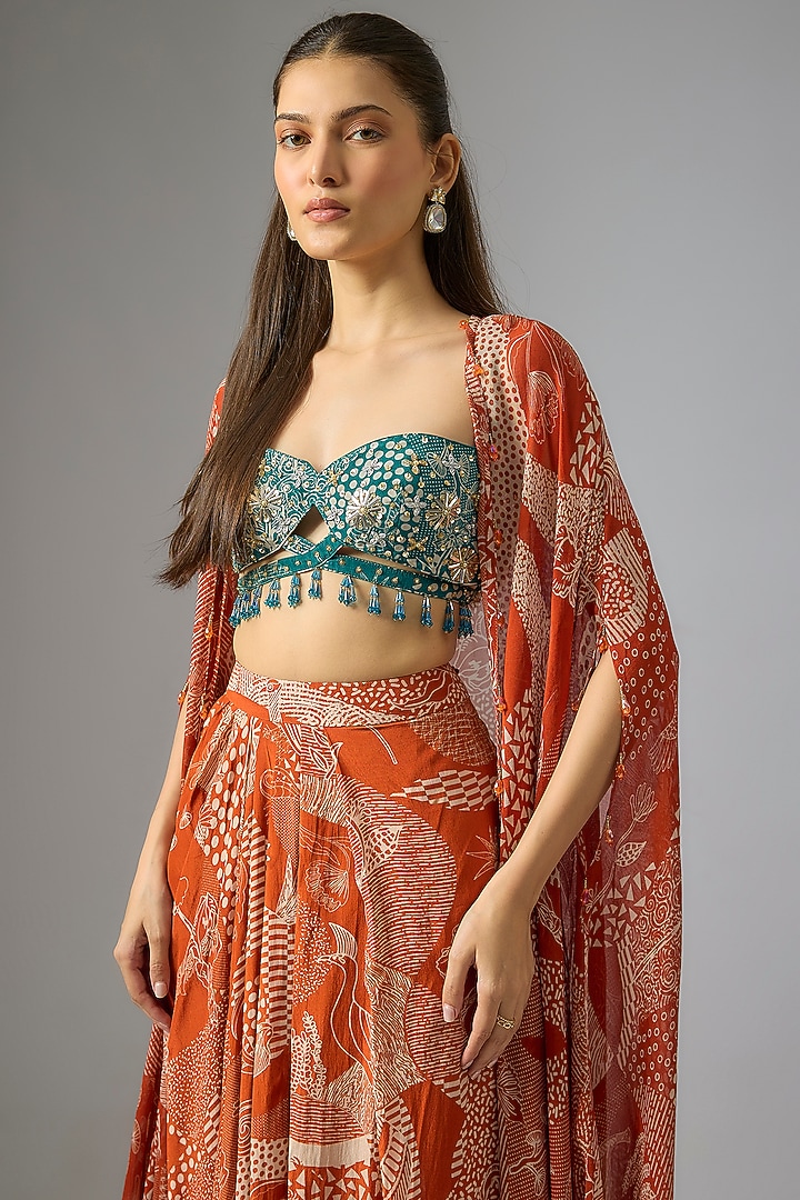 Rust Crepe Abstract Jaal Printed Cape Set by DiyaRajvvir at Pernia's Pop Up Shop