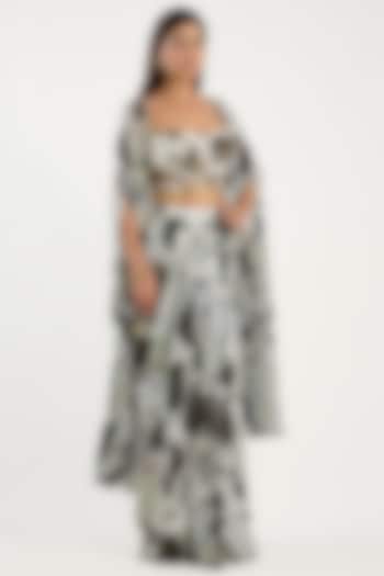 White Crepe & Georgette Leaf Jaal Printed Cape Set by DiyaRajvvir at Pernia's Pop Up Shop