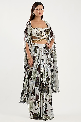 White Crepe & Georgette Leaf Jaal Printed Cape Set by DiyaRajvvir
