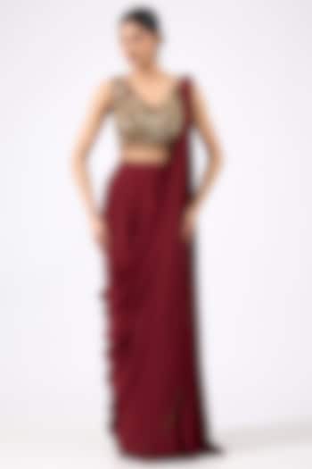 Maroon Crepe & Tulle Skirt Wedding Saree Set by DiyaRajvvir at Pernia's Pop Up Shop