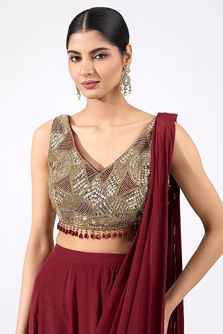 Maroon Crepe & Tulle Skirt Wedding Saree Set by DiyaRajvvir at Pernia's Pop Up Shop