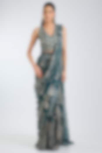 Teal Georgette Abstract Jaal Printed Tiered Skirt Wedding Saree Set by DiyaRajvvir at Pernia's Pop Up Shop