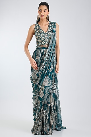 Teal Georgette Abstract Jaal Printed Tiered Skirt Saree Set by DiyaRajvvir