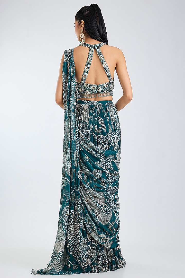 Teal Georgette Abstract Jaal Printed Tiered Skirt Wedding Saree Set by DiyaRajvvir at Pernia's Pop Up Shop