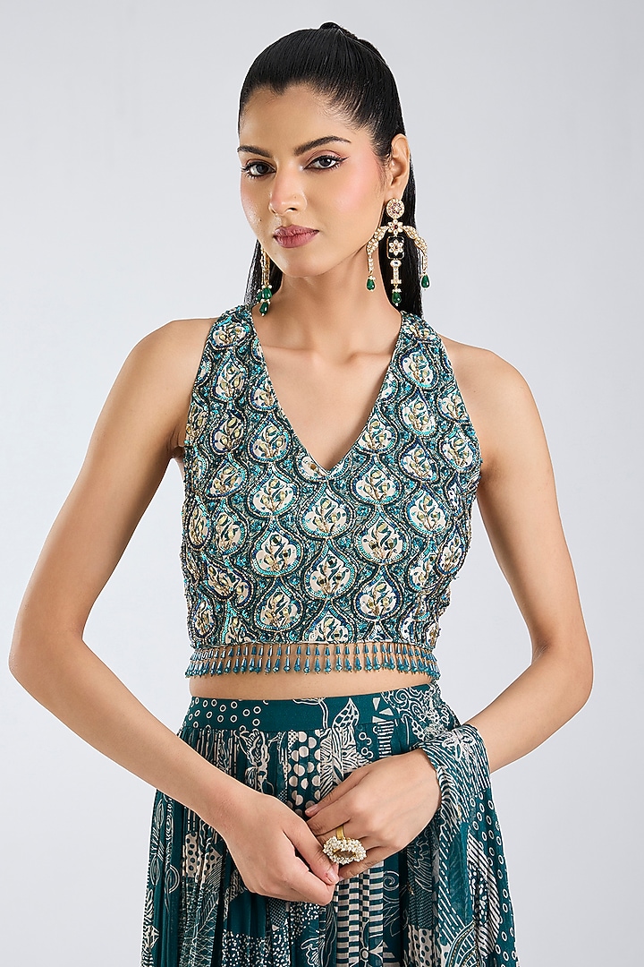 Teal Georgette Abstract Jaal Printed Tiered Skirt Wedding Saree Set by DiyaRajvvir at Pernia's Pop Up Shop