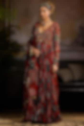 Rust Georgette Leaf Printed Wedding Anarkali Set by DiyaRajvvir at Pernia's Pop Up Shop