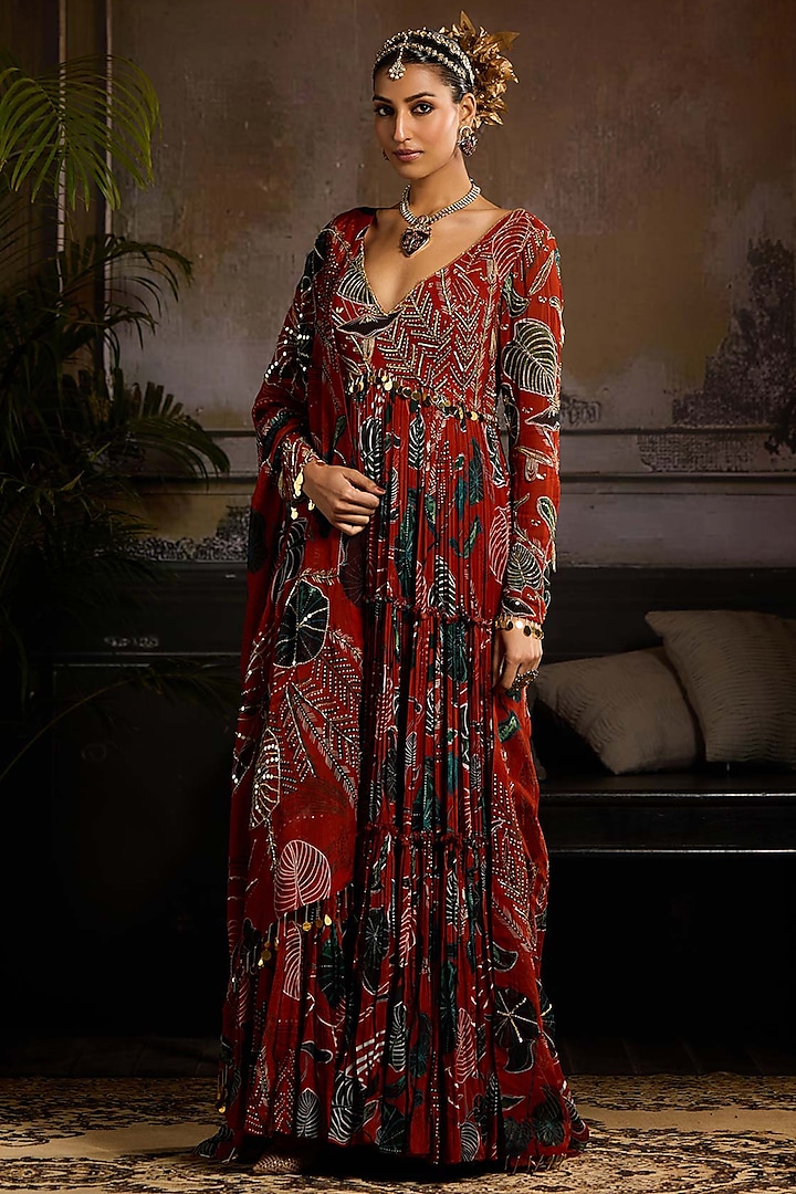 Rust Georgette Leaf Printed Wedding Anarkali Set by DiyaRajvvir at Pernia's Pop Up Shop