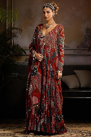 Rust Georgette Leaf Printed Anarkali Set by DiyaRajvvir