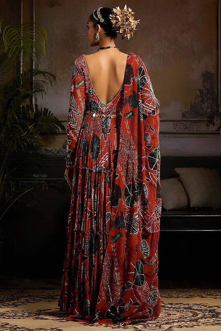 Rust Georgette Leaf Printed Wedding Anarkali Set by DiyaRajvvir at Pernia's Pop Up Shop