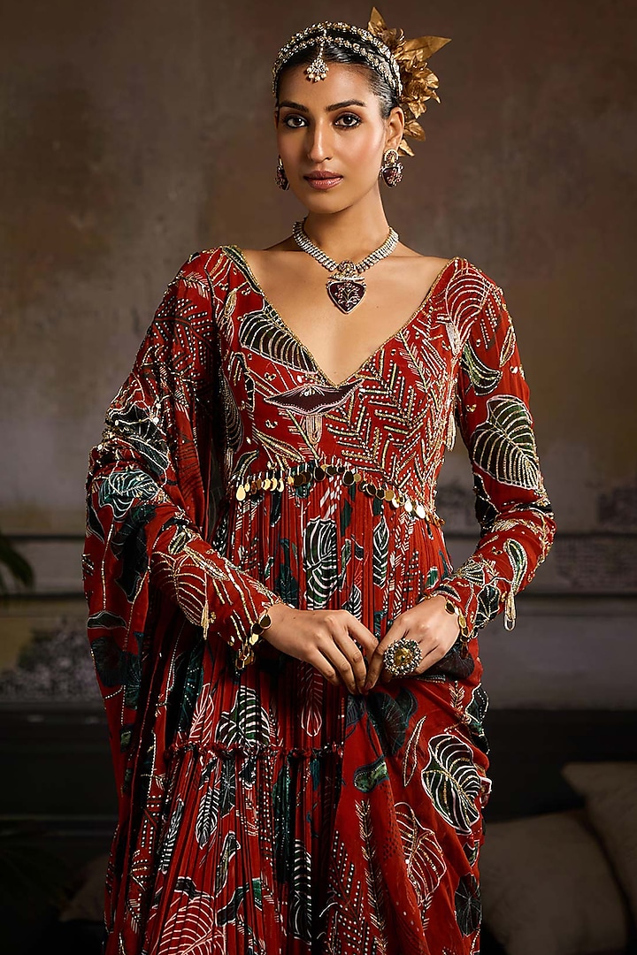 Rust Georgette Leaf Printed Wedding Anarkali Set by DiyaRajvvir at Pernia's Pop Up Shop