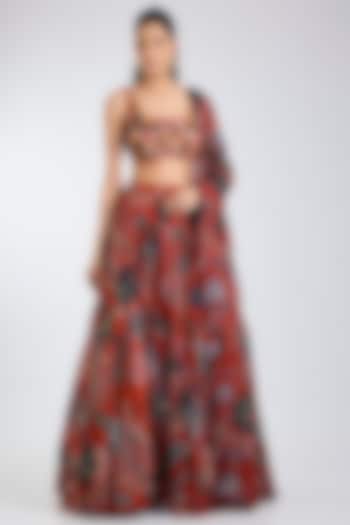 Rust Georgette Leaf Printed Wedding Lehenga Set by DiyaRajvvir at Pernia's Pop Up Shop