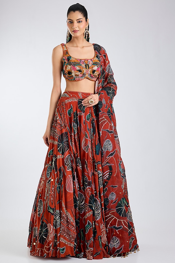 Rust Georgette Leaf Printed Wedding Lehenga Set by DiyaRajvvir at Pernia's Pop Up Shop