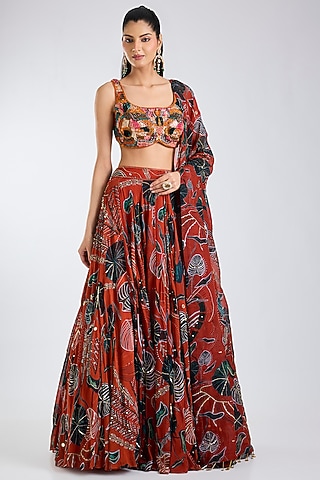 Rust Georgette Leaf Printed Lehenga Set by DiyaRajvvir