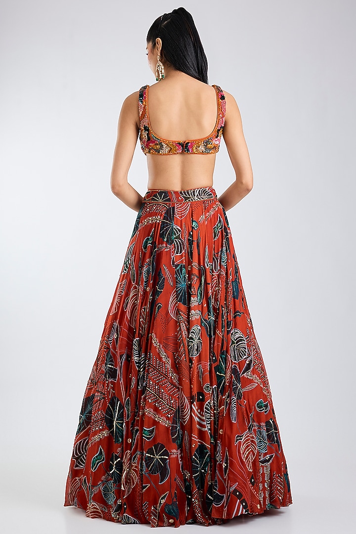Rust Georgette Leaf Printed Wedding Lehenga Set by DiyaRajvvir at Pernia's Pop Up Shop
