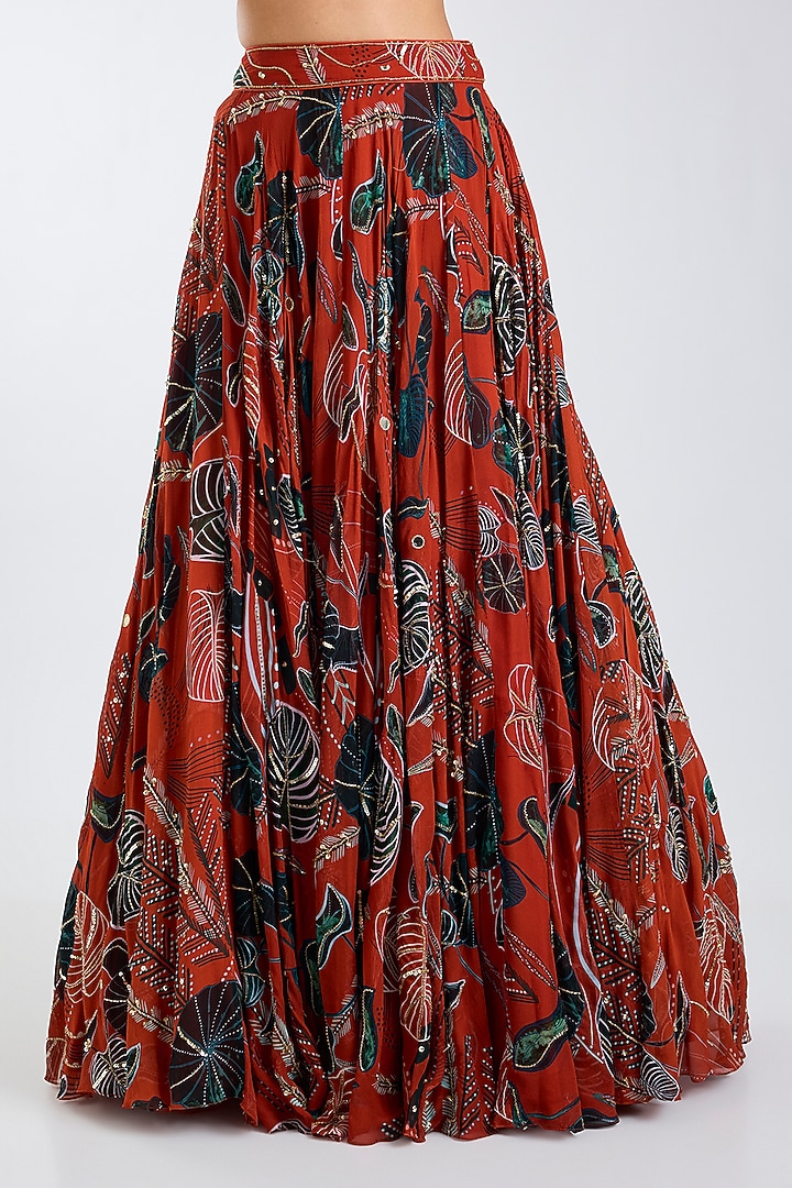 Rust Georgette Leaf Printed Wedding Lehenga Set by DiyaRajvvir at Pernia's Pop Up Shop