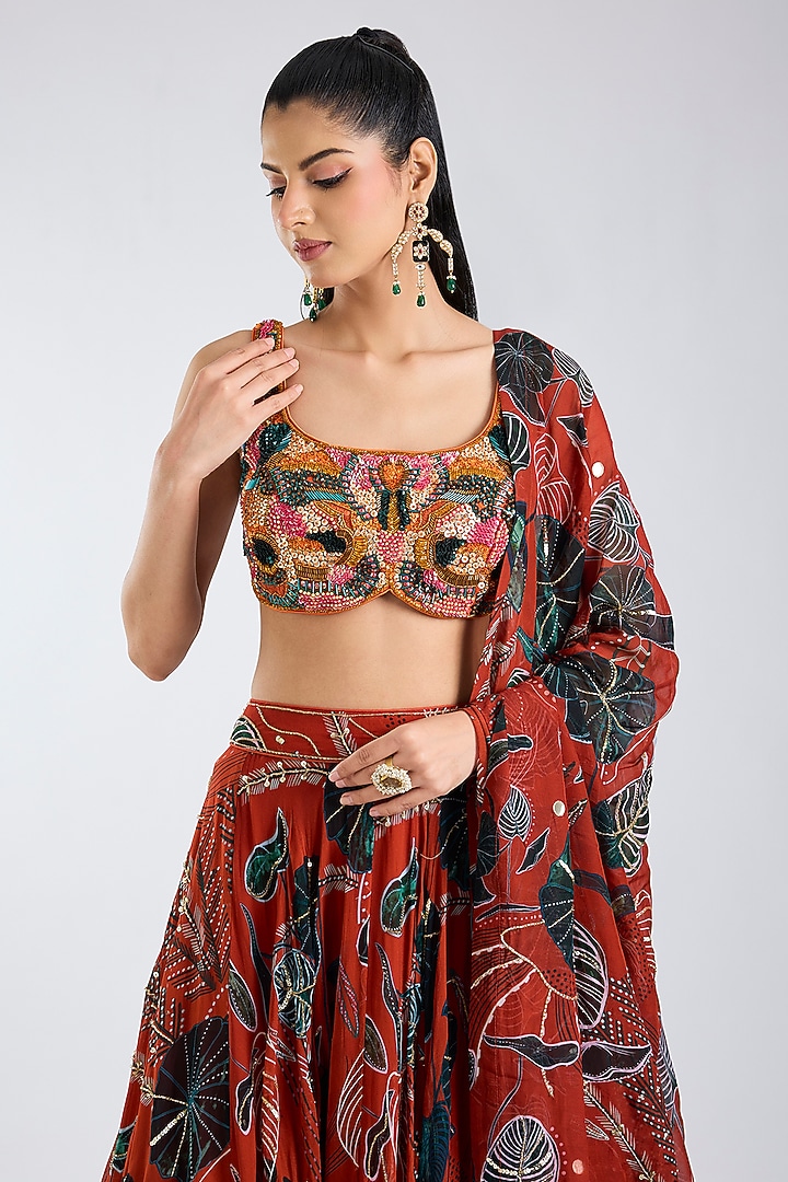 Rust Georgette Leaf Printed Wedding Lehenga Set by DiyaRajvvir at Pernia's Pop Up Shop