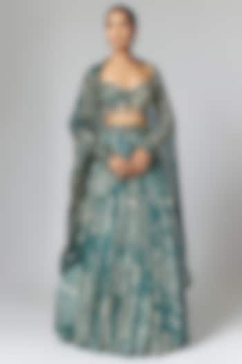 Blue Crepe & Georgette Printed & Embellished Wedding Lehenga Set by DiyaRajvvir at Pernia's Pop Up Shop