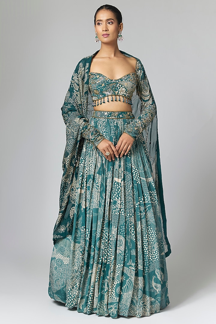Blue Crepe & Georgette Printed & Embellished Wedding Lehenga Set by DiyaRajvvir at Pernia's Pop Up Shop