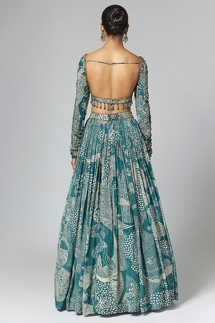 Blue Crepe & Georgette Printed & Embellished Wedding Lehenga Set by DiyaRajvvir at Pernia's Pop Up Shop