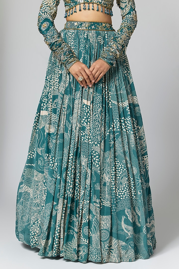 Blue Crepe & Georgette Printed & Embellished Wedding Lehenga Set by DiyaRajvvir at Pernia's Pop Up Shop