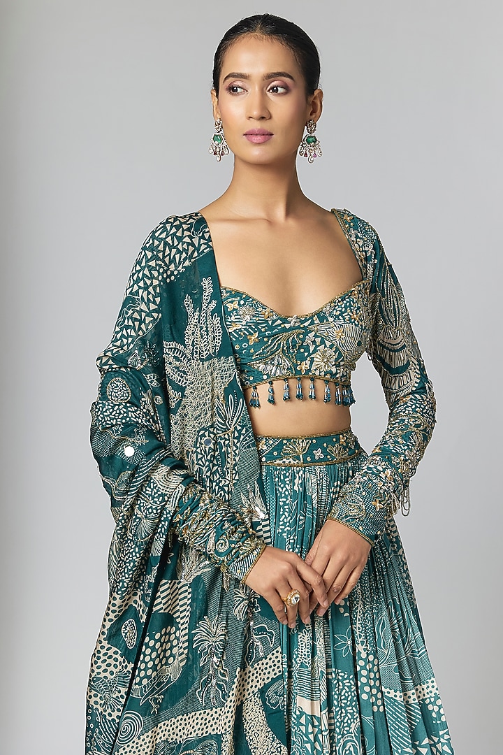 Blue Crepe & Georgette Printed & Embellished Wedding Lehenga Set by DiyaRajvvir at Pernia's Pop Up Shop