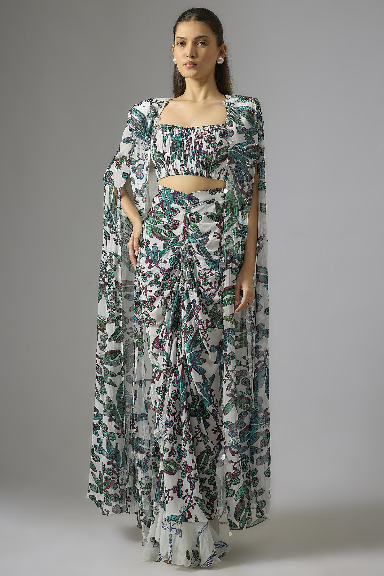 Ivory Crepe Leaf Jaal Printed Cape Set by DiyaRajvvir at Pernia's Pop Up Shop