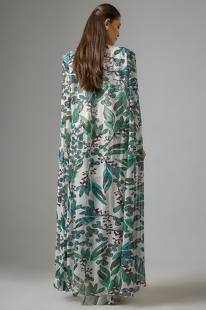 Ivory Crepe Leaf Jaal Printed Cape Set by DiyaRajvvir at Pernia's Pop Up Shop
