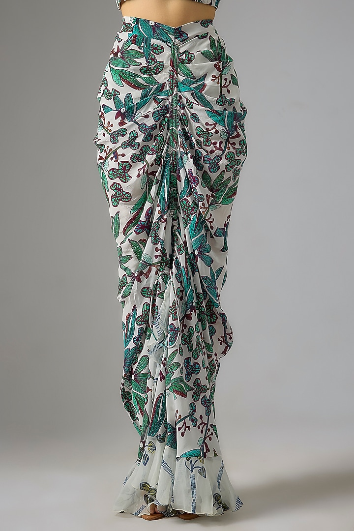 Ivory Crepe Leaf Jaal Printed Cape Set by DiyaRajvvir at Pernia's Pop Up Shop
