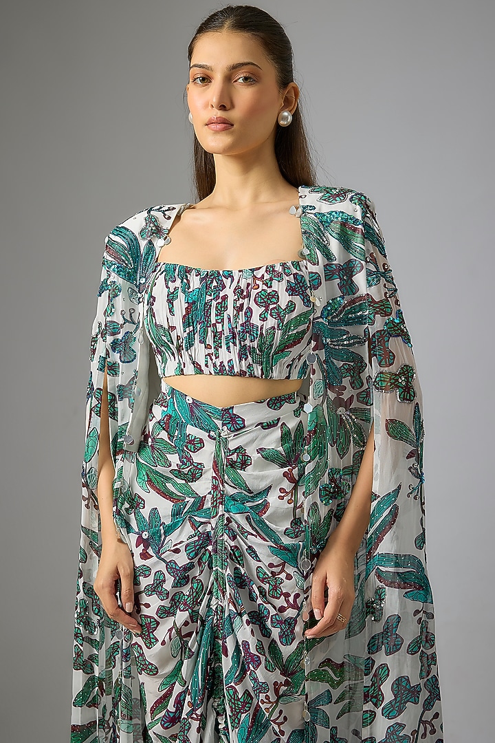Ivory Crepe Leaf Jaal Printed Cape Set by DiyaRajvvir at Pernia's Pop Up Shop