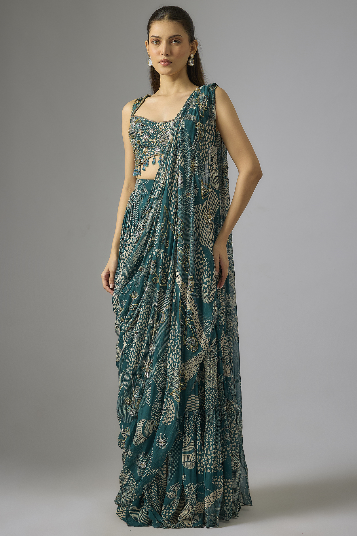 Teal Crepe Abstract Jaal Printed Tiered Skirt Wedding Saree Set by DiyaRajvvir at Pernia's Pop Up Shop
