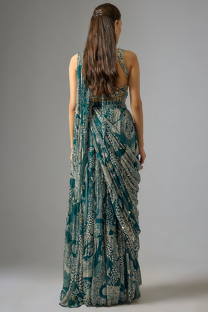 Teal Crepe Abstract Jaal Printed Tiered Skirt Wedding Saree Set by DiyaRajvvir at Pernia's Pop Up Shop