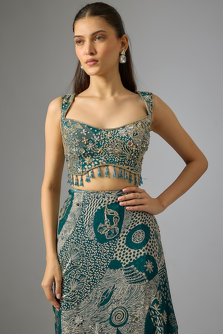 Teal Crepe Abstract Jaal Printed Tiered Skirt Wedding Saree Set by DiyaRajvvir at Pernia's Pop Up Shop