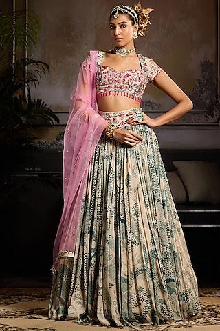 Beige & Teal Georgette Abstract Jaal Printed Lehenga Set by DiyaRajvvir