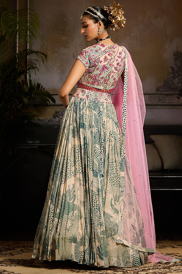 Beige & Teal Georgette Abstract Jaal Printed Wedding Lehenga Set by DiyaRajvvir at Pernia's Pop Up Shop