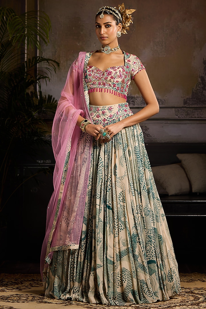 Beige & Teal Georgette Abstract Jaal Printed Wedding Lehenga Set by DiyaRajvvir at Pernia's Pop Up Shop