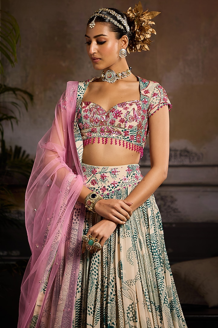 Beige & Teal Georgette Abstract Jaal Printed Wedding Lehenga Set by DiyaRajvvir at Pernia's Pop Up Shop