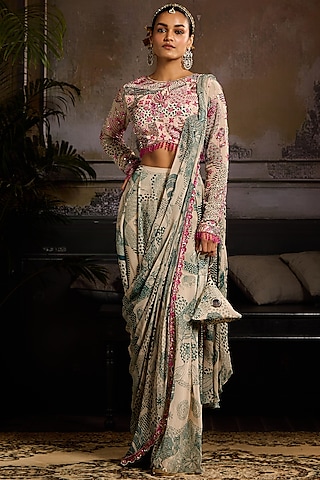 Beige & Teal Georgette Abstract Jaal Printed Pant Saree Set by DiyaRajvvir