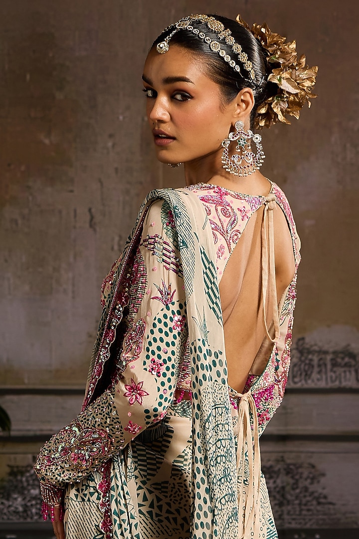 Beige & Teal Georgette Abstract Jaal Printed Pant Wedding Saree Set by DiyaRajvvir at Pernia's Pop Up Shop
