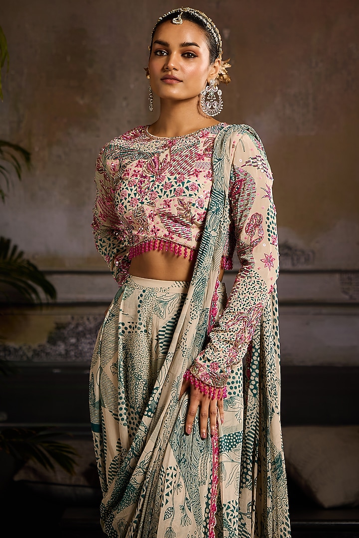Beige & Teal Georgette Abstract Jaal Printed Pant Wedding Saree Set by DiyaRajvvir at Pernia's Pop Up Shop