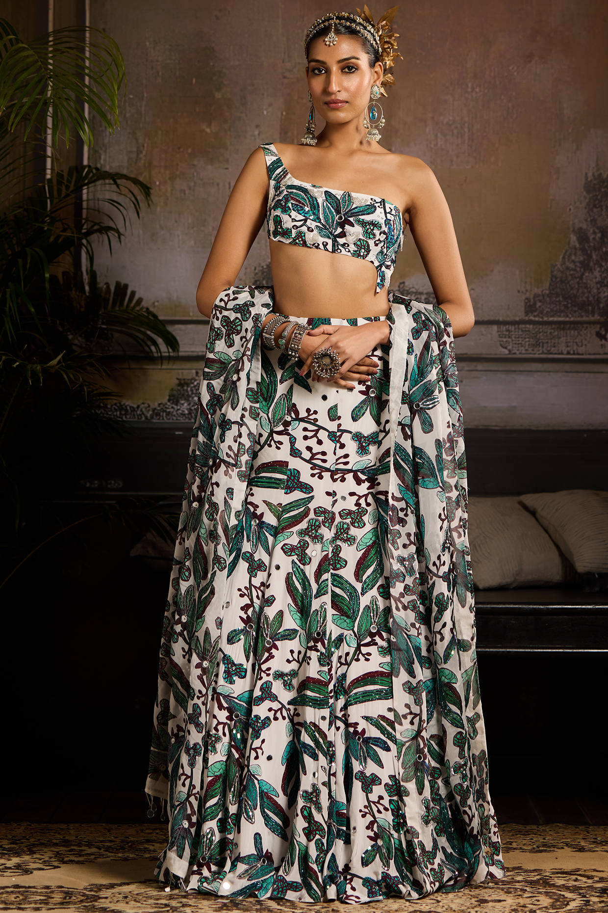 White & Teal Organza Leaf Jaal Printed Wedding Lehenga Set by DiyaRajvvir at Pernia's Pop Up Shop