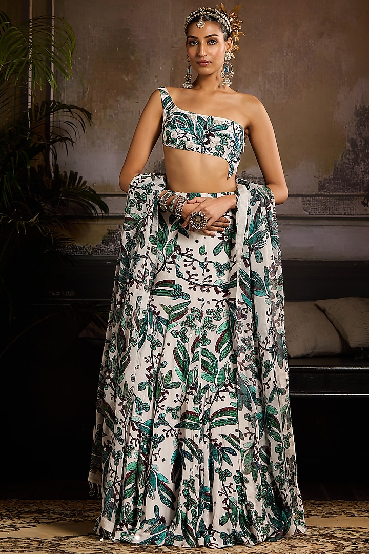 White & Teal Organza Leaf Jaal Printed Wedding Lehenga Set by DiyaRajvvir at Pernia's Pop Up Shop