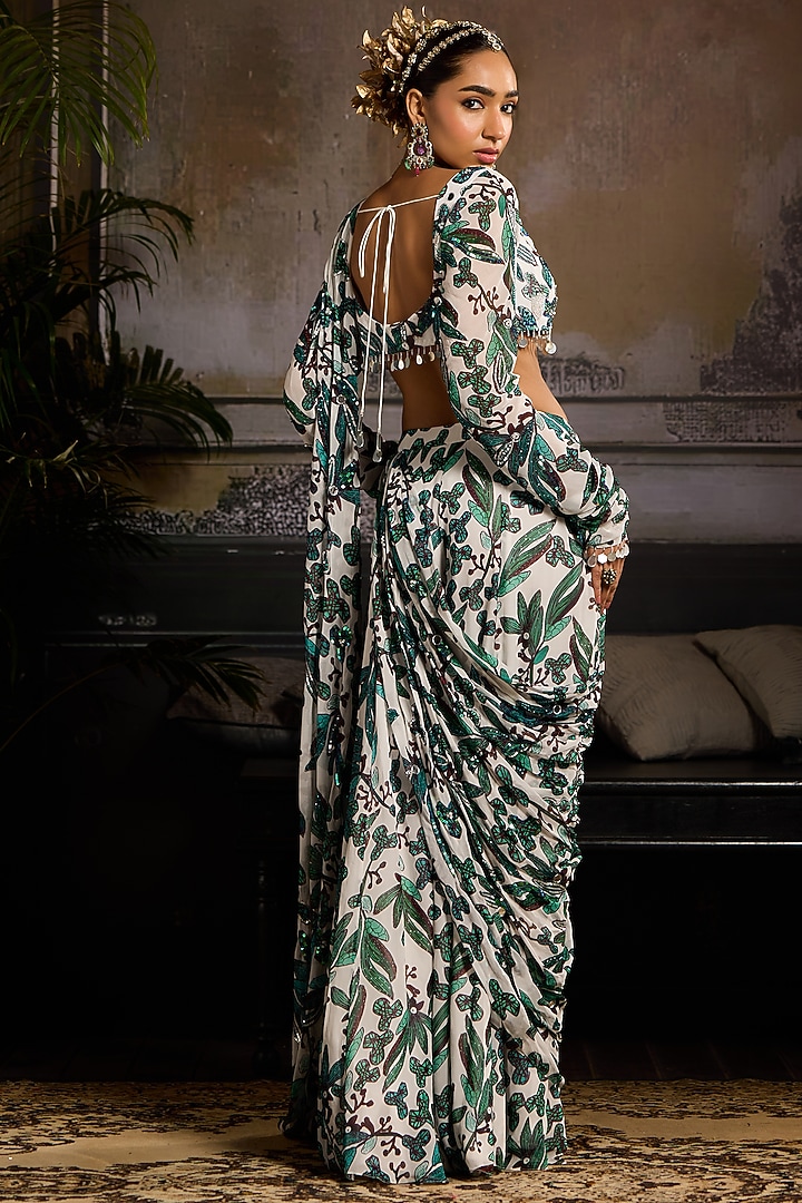 White & Teal Georgette Leaf Jaal Printed Sharara Wedding Saree Set by DiyaRajvvir at Pernia's Pop Up Shop