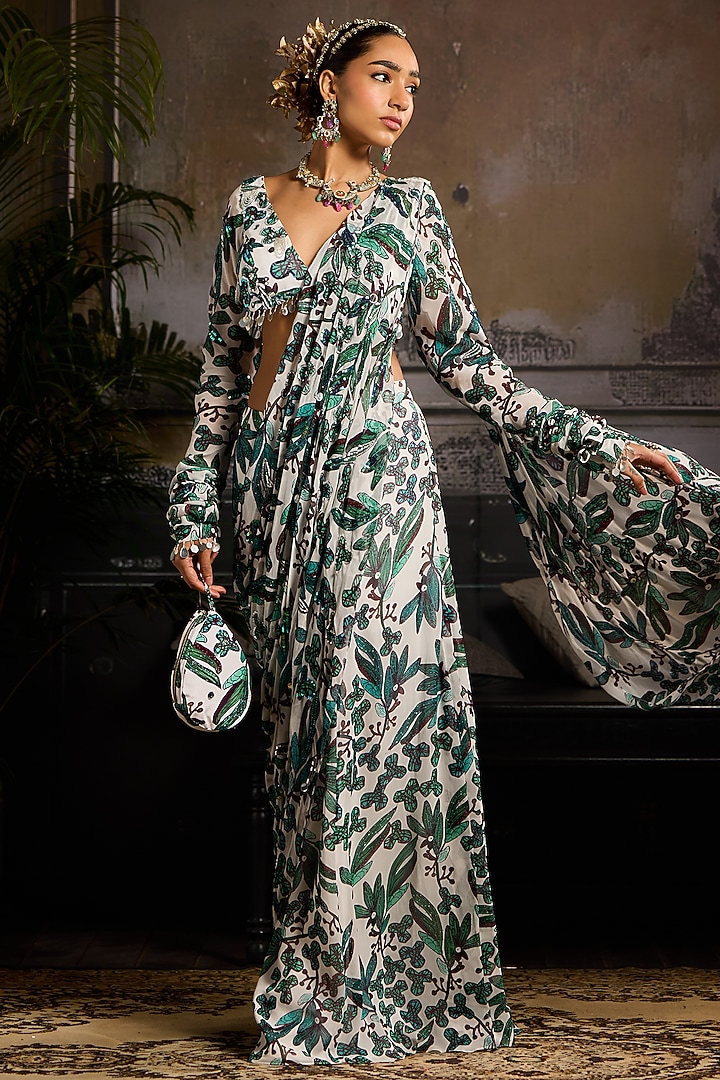 White & Teal Georgette Leaf Jaal Printed Sharara Wedding Saree Set by DiyaRajvvir at Pernia's Pop Up Shop