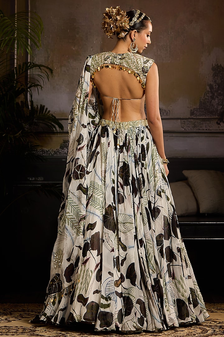 White & Green Organza Leaf Jaal Printed Wedding Lehenga Set by DiyaRajvvir at Pernia's Pop Up Shop