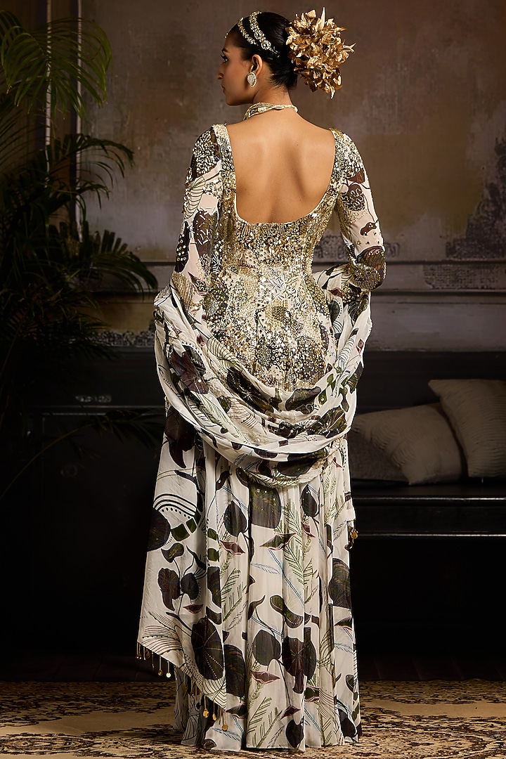 White & Green Georgette Leaf Jaal Printed Wedding Anarkali Set by DiyaRajvvir at Pernia's Pop Up Shop